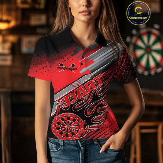 Custom Black And Red Flame Dartboard Dart Polo Shirts For Women, Dart Team Uniform IPHW9684
