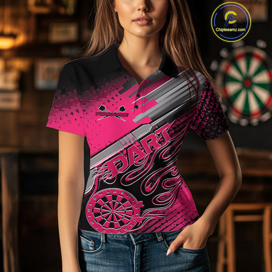 Custom Black And Pink Flame Dartboard Dart Polo Shirts For Women, Dart Uniform IPHW9687