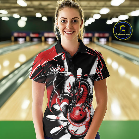 Custom Black And Red Dragon Bowling Women Polo Shirts, Dragon Bowling Team Jerseys IPHW9108