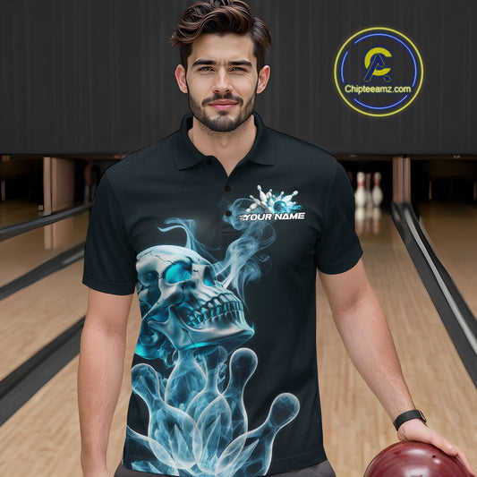 Custom Blue Flame Smoke Skull Bowling Polo Shirts For Men, Halloween Bowling Outfit IPHW9494