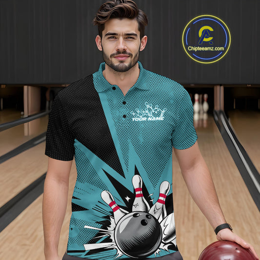 Custom Blue Bowling Jerseys, Bowling Team Men Polo Shirts Bowling League Shirt IPHW9393