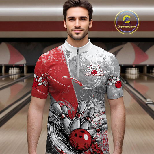 Custom Grunge Red Bowling Quarter-Zip Shirts For Men, Distressed Vintage Bowling Team Shirts IPHW9550