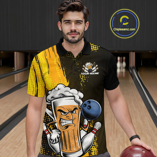 Custom Black And Yellow Funny Bowling And Beer Jerseys, Bowling Team Men Polo Shirts IPHW9606