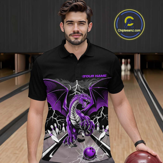 Custom Purple Dragon On The Lane Bowling Polo Shirts For Men, Dragon Bowling Team Shirt IPHW9102