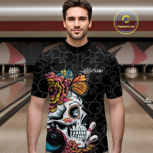 Custom Colorful Sugar Skull Bowling Team Quarter-Zip Shirts For Men, Halloween Bowler Outfit IPHW9751