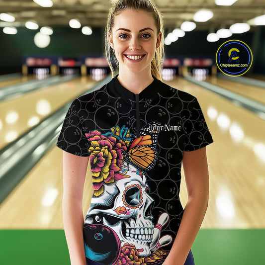 Custom Colorful Sugar Skull Bowling Team Women Quarter-Zip Shirt, Halloween Bowler Outfit IPHW9751