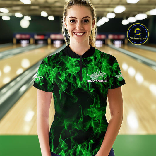 Custom Black And Green Flame Bowling Women Quarter-Zip Shirts, Bowling Tournament Shirt IPHW9755