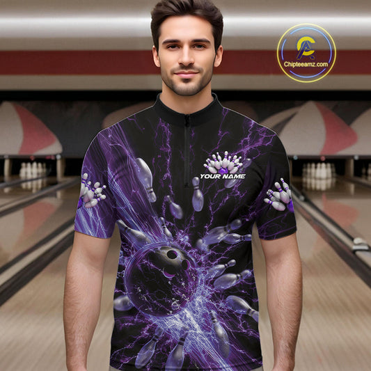 Custom Purple Thunder Lightning Bowling Team Men Quarter-Zip Shirts, Bowling Jerseys IPHW9744