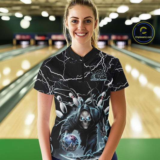 Custom Blue Lightning Grim Reaper Bowling Women Quarter-Zip Shirt, Halloween Outfit IPHW9801