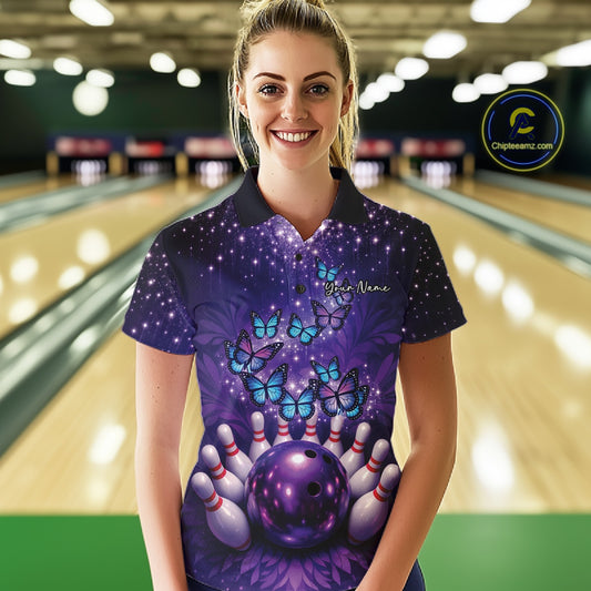Custom Blue And Purple Buttefly Ladies Bowling Team Shirt, Women Bowler Outfits IPHW10918