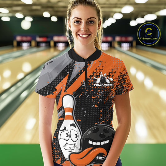 Custom Funny Bowling Women Quarter-Zip Shirt, Orange Bowling Ball And Pin Bowling Jersey IPHW10258
