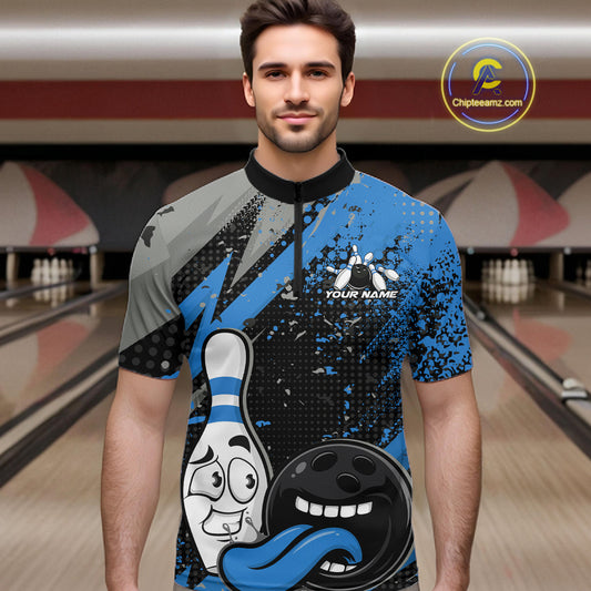 Custom Funny Bowling Quarter-Zip Shirt For Men, Blue Bowling Ball And Pin Bowling Jersey IPHW10260