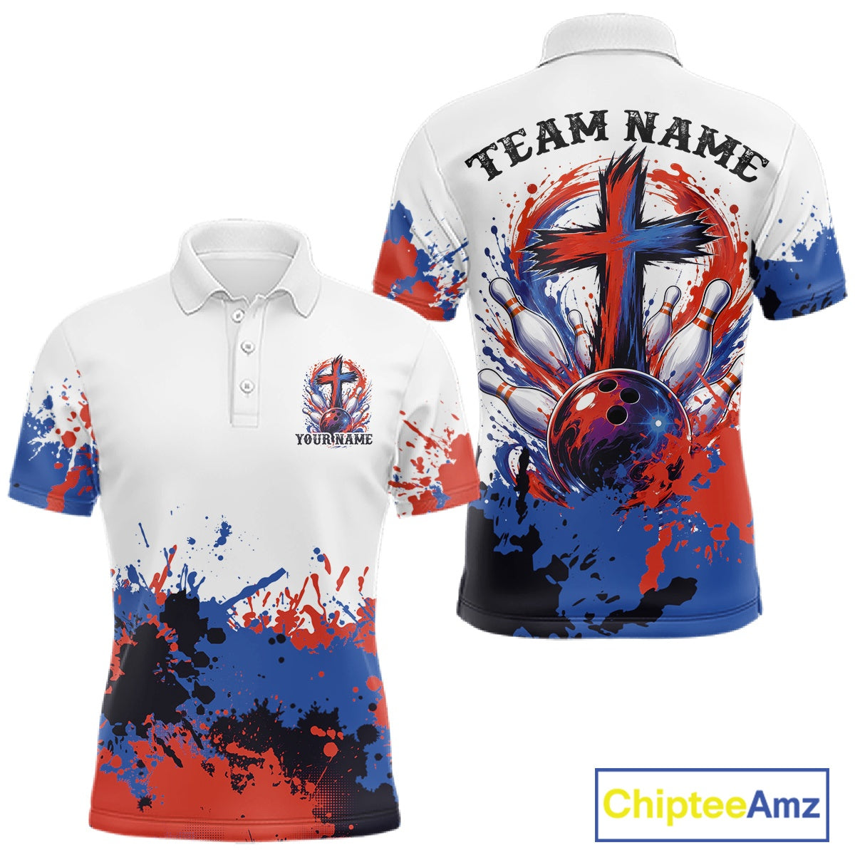 Vibrant red, white and blue abstract splatter bowling team shirt featuring a faith cross design for league bowlers