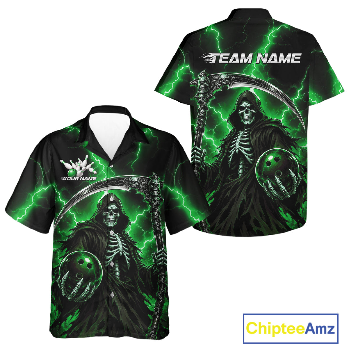 Custom Green Thunder Lightning Grim Reaper Skull Bowling Men And Women Hawaiian Shirts, Halloween Outfit IPHW11661