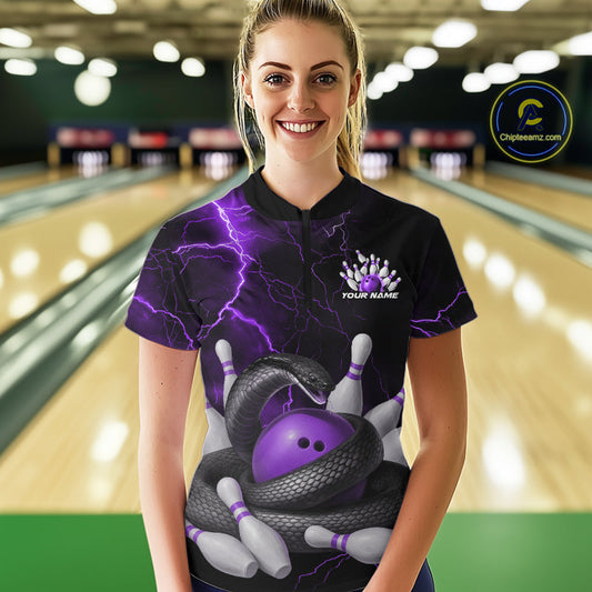 Custom Black And Purple Thunder Lightning Black Mamba Snake Bowling Team Women Shirt IPHW10153