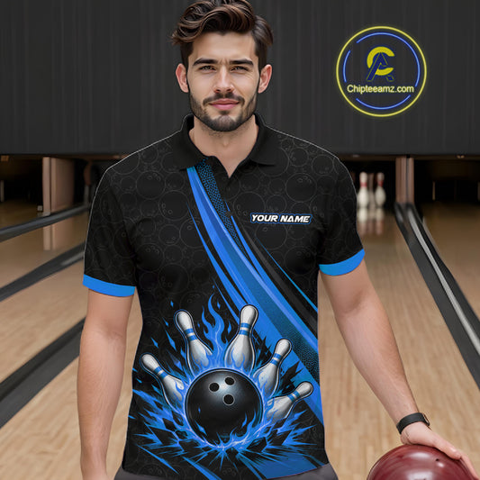 Custom Black And Blue Fire Flame Bowling Team Men Polo Shirt, Team Jerseys IPHW11683
