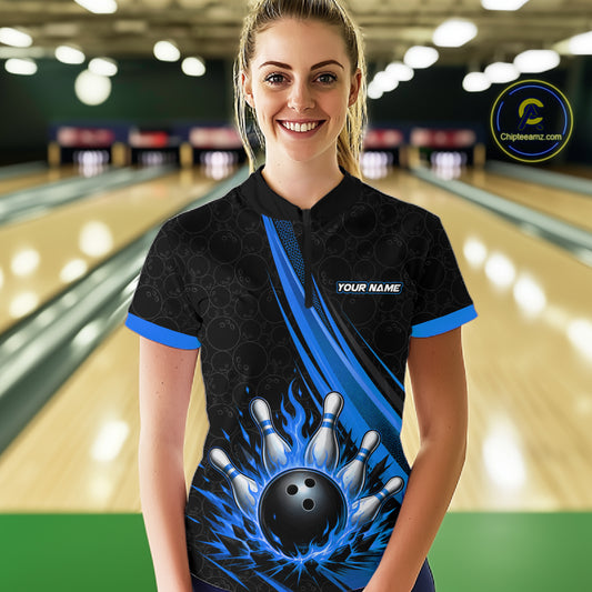 Custom Black And Blue Fire Flame Bowling Team Women Quarter-Zip Shirt, Team Jerseys IPHW11683