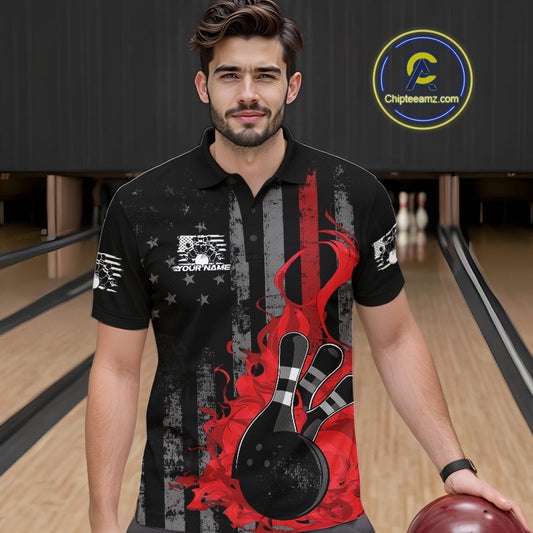 Custom Grunge Vintage Red Thin Line US Flag Patriotic Men Polo Bowling Team Shirts IPHW10169