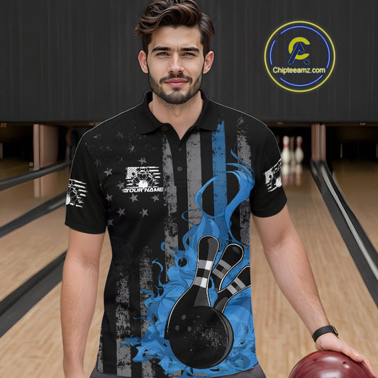 Custom Grunge Vintage Blue Thin Line US Flag Patriotic Men Polo Bowling Team Shirts IPHW10170