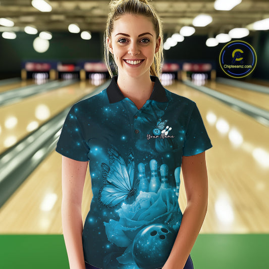 Custom Blue Butterfly And Roses Bowling Women Polo Shirts, Ladies Bowling Team IPHW10880