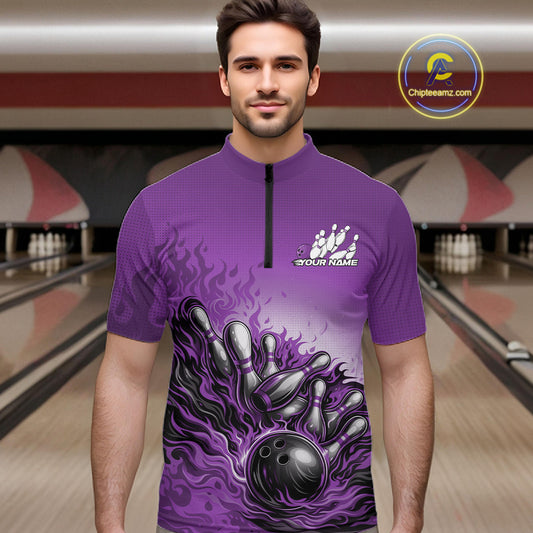 Male model in a bowling lane wearing a purple quarter-zip shirt, flame bowling strike artwork with bold energetic motion.