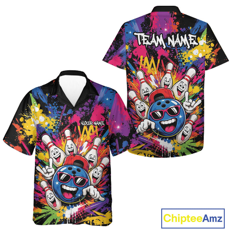 Custom Funny Colorful Hiphop Bowling Men And Women Button Up Shirt, Graffity Splatter Bowling Jersey IPHW11802