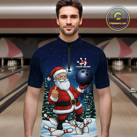 Custom Funny Christmas Bowling Men Quarter-Zip Shirts, Xmas Santa Bowling Team Outfit IPHW10094