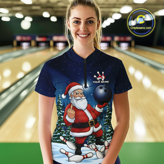 Custom Funny Christmas Bowling Women Quarter-Zip Shirts, Xmas Santa Bowling Team Outfit IPHW10094