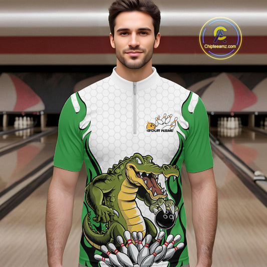 Custom Funny Alligator Bowling Men Quarter-Zip Shirt, Alligator Green Bowling Team League Shirt IPHW10685