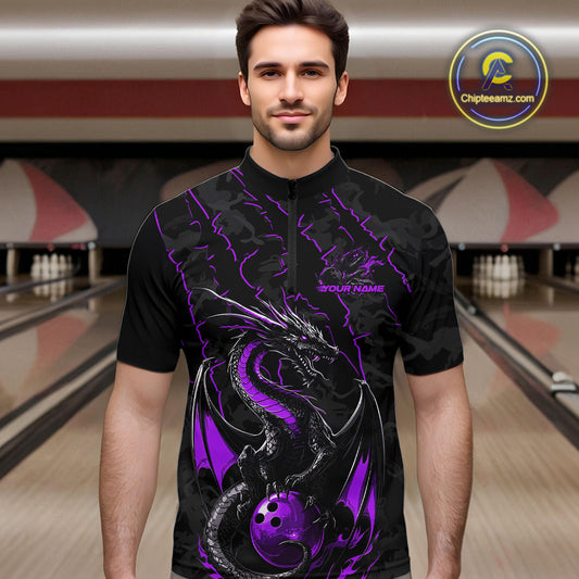 Custom Gray And Purple Camo Dragon Claws Bowling Men Quarter-Zip Shirts, Team Bowling Jerseys IPHW9856