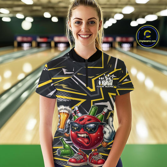 Custom Funny Bowling Ball Drink Beer Bowling Women Quarter-Zip Shirt, Yellow Team Shirt IPHW10120