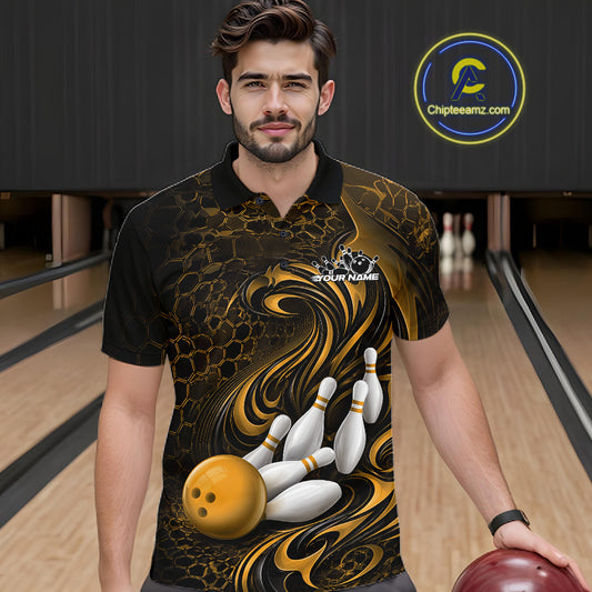 Male model wearing a black and yellow bowling polo shirt in a bowling alley featuring a tribal flame bowling ball and pins graphic