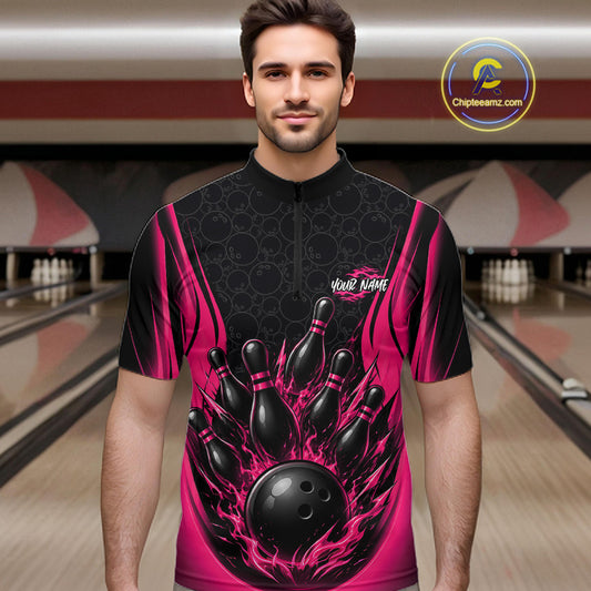Custom Black And Pink Fire Flame Bowling Jerseys, Bowling Men Quarter Zip Shirts IPHW11685