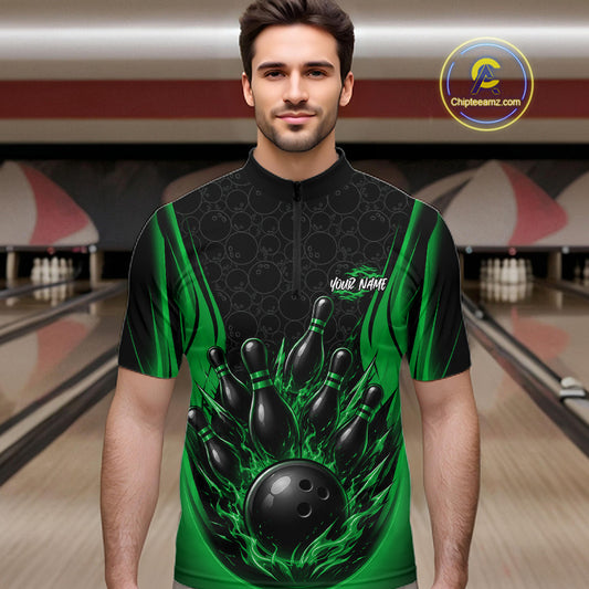 Custom Black And Green Fire Flame Bowling Jerseys, Bowling Men Quarter Zip Shirts IPHW11688