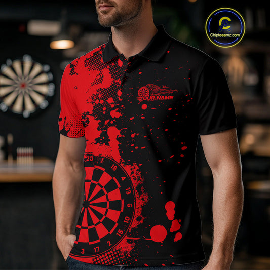 Custom Black And Red Splatter Dartboard Dart Polo Shirt For Men, Grunge Dart Team Jerseys IPHW9956