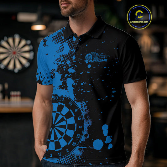 Custom Black And Blue Splatter Dartboard Dart Polo Shirt For Men, Grunge Dart Team Jerseys IPHW9958
