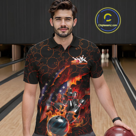 Custom Patriotic Flame Men Bowling Team Shirt, US Flag Bowling League Team Shirt IPHW10192