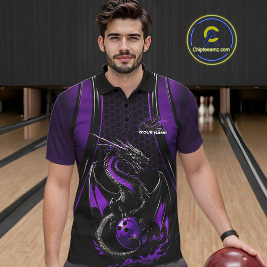 Custom Black And Purple Flame Dragon Bowling Jerseys, Dragon Bowling Team Men Polo Shirt IPHW9907