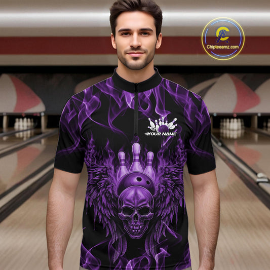 Custom Black And Purple Flame Skull With Wings Men Bowling Shirt, Halloween Team Shirt IPHW10168