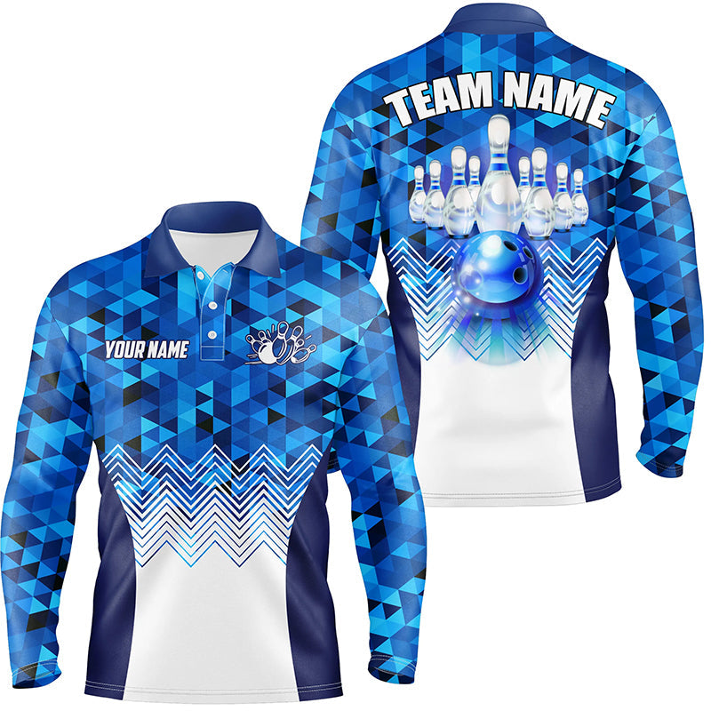 Blue Geometric pattern bowling ball and pins custom Men Bowling Polo Shirts, team bowling jersey NQS7452