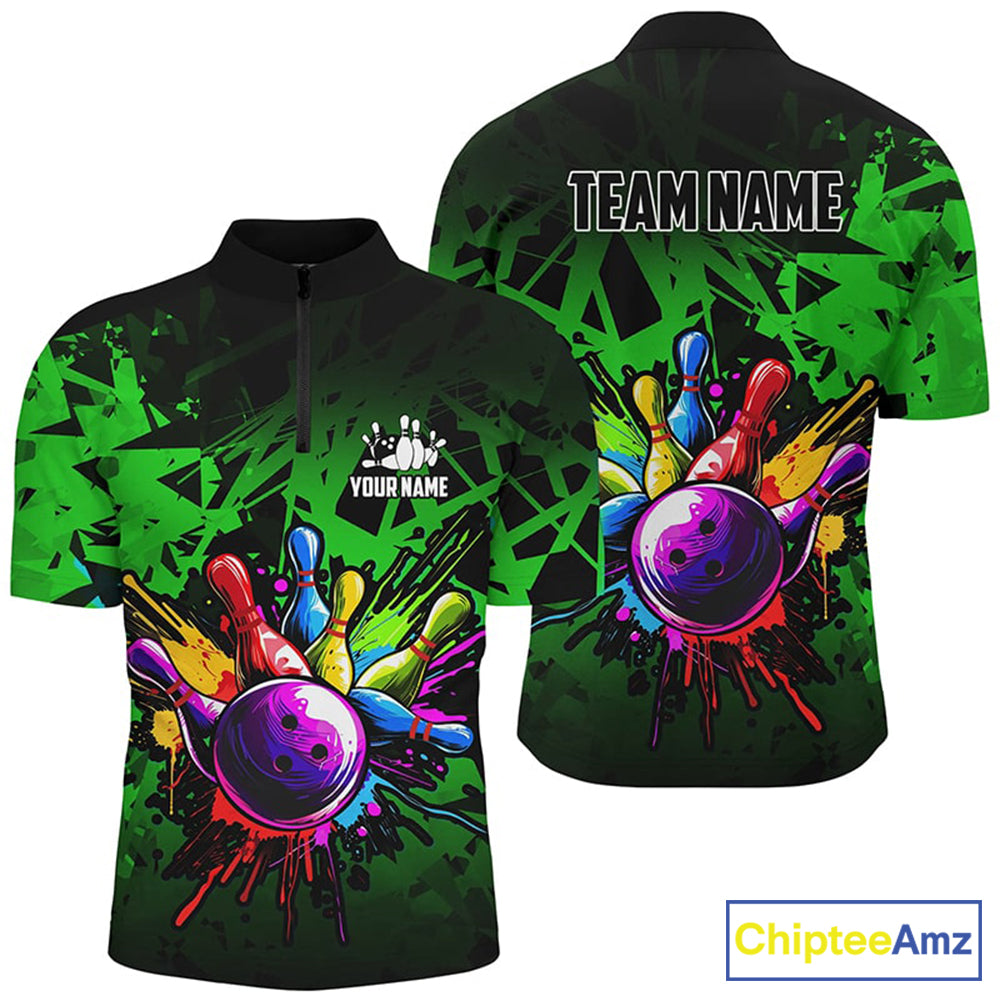 Colorful bowling jerseys Polo, 1/4 Zip Shirt for Men Custom Bowling Team shirts for bowler | Green NQS8881