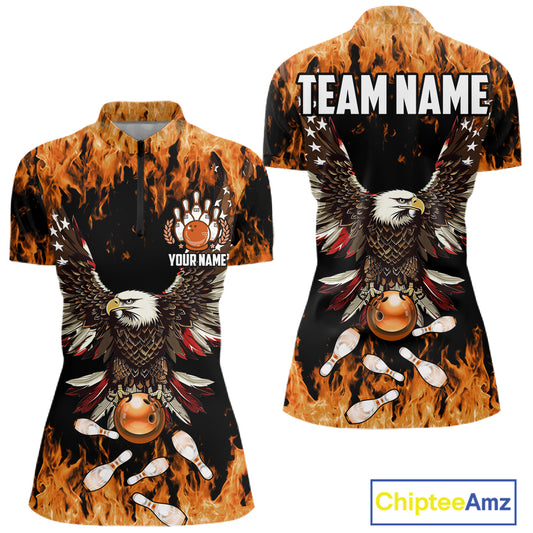 Orange flame Womens bowling shirts Custom American flag Eagle Team bowling shirts, gift for bowlers NQS11189