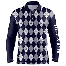 Load image into Gallery viewer, Navy blue argyle plaid pattern Mens golf polo shirts custom golf attire for men, men's golf apparel NQS7423