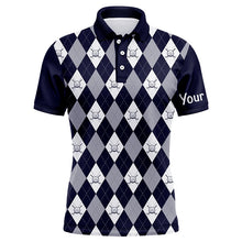 Load image into Gallery viewer, Navy blue argyle plaid pattern Mens golf polo shirts custom golf attire for men, men's golf apparel NQS7423