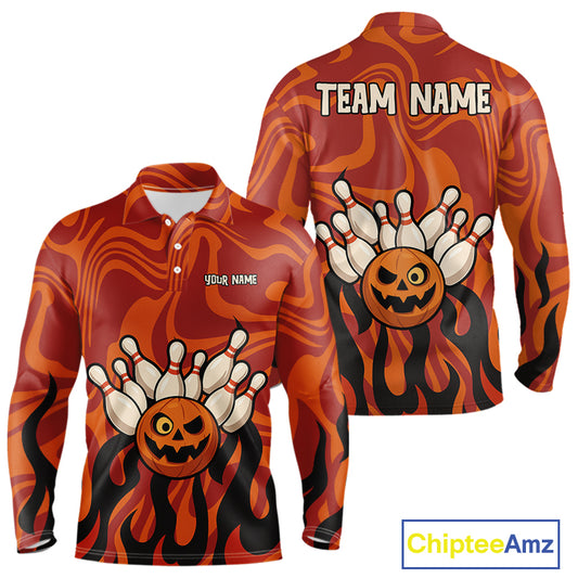 Orange camo flame Bowling polo, quarter zip shirts for men custom Halloween Bowling team jerseys NQS10395