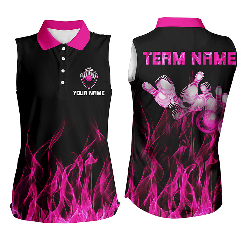 Custom Black Pink sleeveless bowling shirt for women – personalized team jersey front view