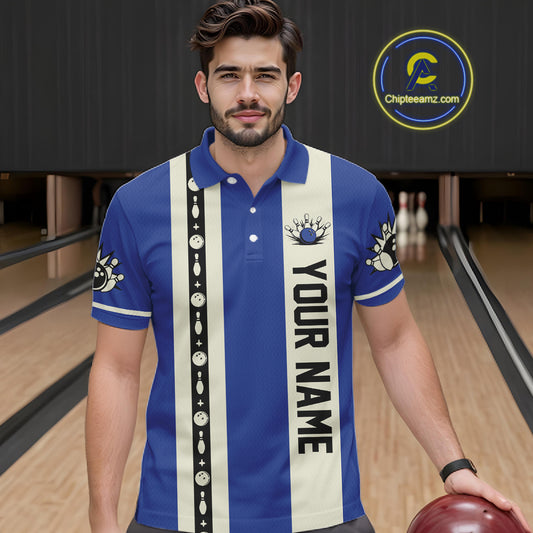 Blue Retro Bowling Polo, Quarter Zip Shirts For Men Custom Vintage Bowling Team Jerseys NQS11212