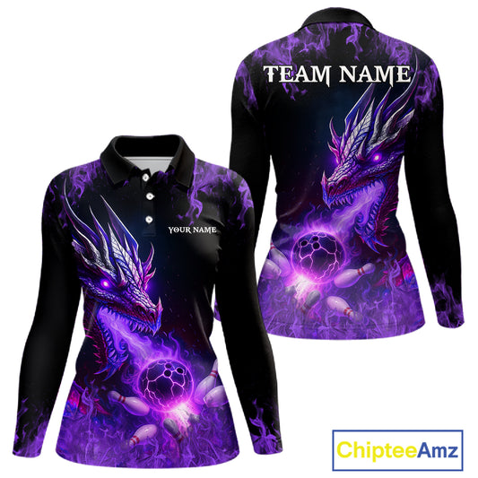 Black and Purple Flame Dragon Bowling Polo, 1/4 Zip Shirts Women Custom Dragon Bowling Team Jerseys NQS11211
