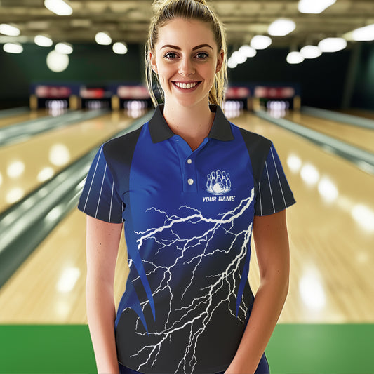 Black and Blue Lightning thunder Bowling Polo, Quarter Zip shirts for Women Custom Bowling Team Jersey NQS9346