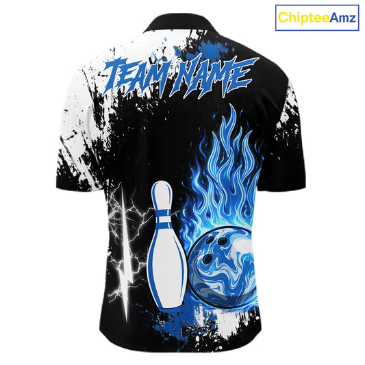 Custom Blue Flame Lightning Thunder Bowling shirts for Men, black and white bowling team jerseys NQS11617